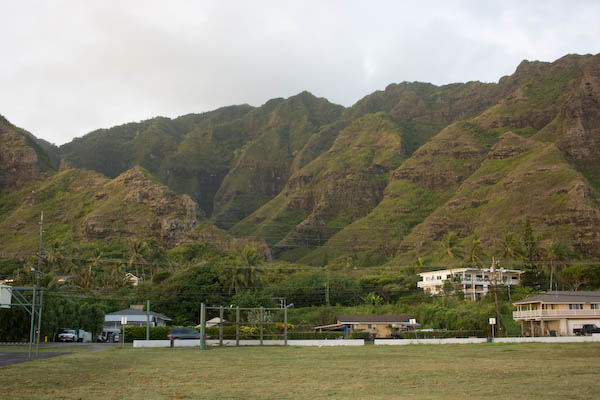 I jogged off our regular path slightly in the morning to venture across Swanzy Beach Park to the ocean and then look back mauka. Our house is somewhere just below the eof of the ridge that drops down at the left of this photo.